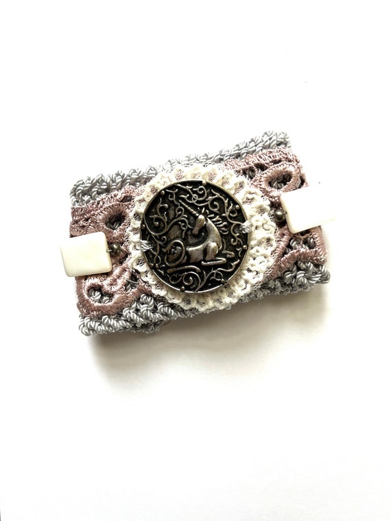 Unicorn Cuff Bracelet, Knitted Nylon Cord, Gray, Lavender & Ivory, Lace, Mother of Pearl Beads, Beaded, Button, Fantasy Animal Jewelry