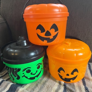 3-pc Halloween McDonald&#39;s Buckets/Pails, Vintage 1980s/1990s, McPunk&#39;n, Green McWitch Cookie Cutter Lid, Neon Pumpkin, Happy Meal, Decor