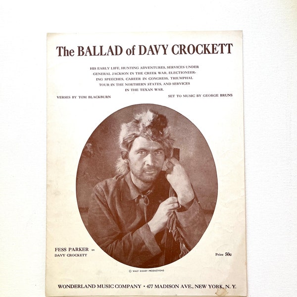 Vintage 1950s Sheet Music, The Ballad of Davy Crockett, Walt Disney Television Show, Fess Parker, Theme Song, Alamo, The West, Ephemera