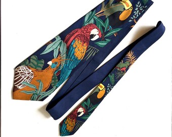 Vintage 1990s World Wildlife Fund Necktie/Tie, Tropical Birds, Toucan, Parrot, Rainforests, Silk, Beach Cruise Fashion Accessory