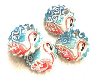 Flamingo Pendants, Rustic Ceramic White, Blue & PInk, Beach Coastal Tropical Nautical Bird Art, Decor, Set of 4