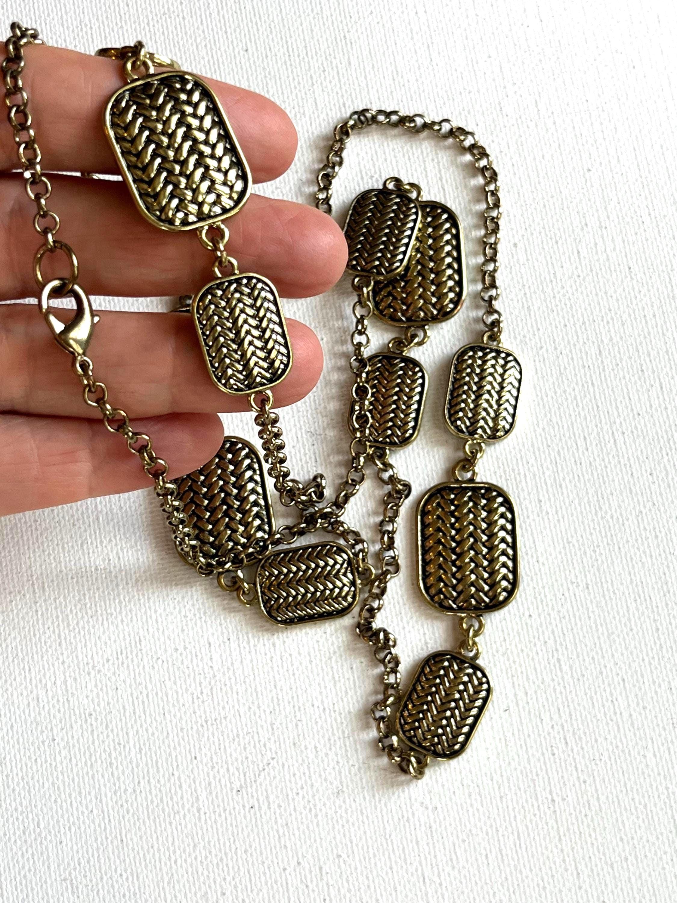 Vintage 1970s/1980s Necklace, Metal Brass/antique Gold-tone Woven