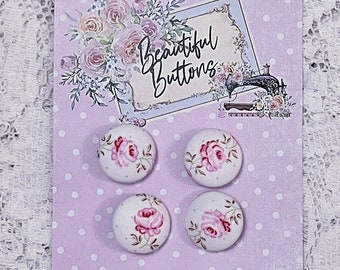 Beautiful PINK ROSE Covered Shabby Chic BUTTONS on Pretty Button Card