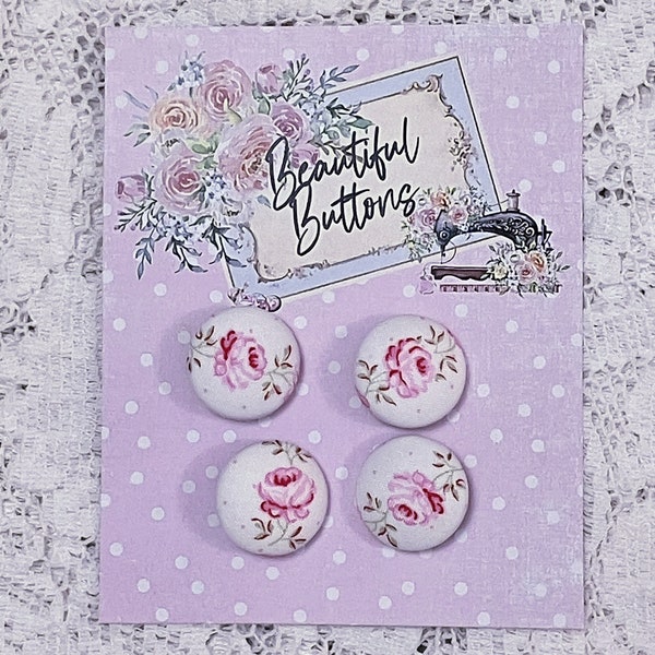 Beautiful PINK ROSE Covered Shabby Chic BUTTONS on Pretty Button Card