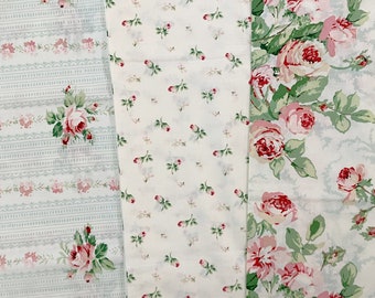 CYRUS CLARK Fat Quarters ~ Vintage Rosebuds, Roses Bouquets & Rose Ticking Stripe ~ 3 FQs