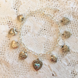 Vintage STERLING SILVER Puffy Heart Charm Bracelet ~ Medium for 6&quot; Wrist Comfortable Fit