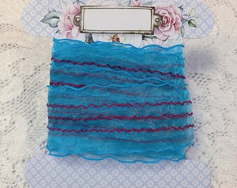 Beautiful Sheer Teal Ribbon ~ Vintage Magenta Stripes Woven-Through ~ Over 2 yards on a Pretty Ribbon Board ~ 97"x 1.5"w