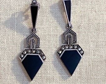 Art Deco 925 Silver Earrings with Black Beaded Choker