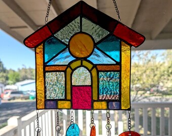 Stained Glass Quaint Cottage House Sun Catcher/Chime with Vibrant Hanging glass pieces