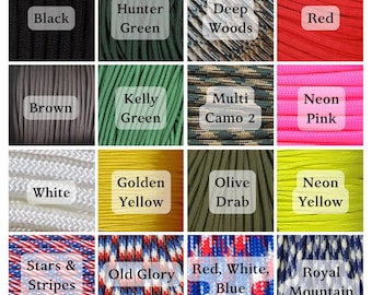 May include: A grid of sixteen samples of paracord in various solid colors and patterns. The colors include black, hunter green, deep woods, red, brown, kelly green, multi camo 2, neon pink, white, golden yellow, olive drab, neon yellow, stars & stripes, old glory, red, white, blue, and royal mountain.