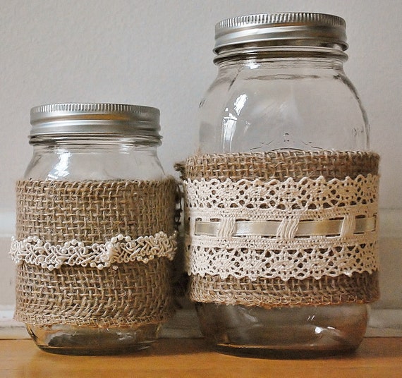 Items similar to Burlap and Lace Mason Jar Set of 6 Wedding Centerpiece