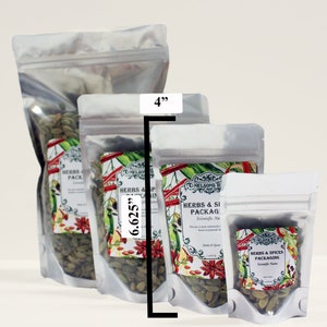 May include: Three clear plastic bags with resealable zippers containing green cardamom pods. The bags are labeled "HERBS & SPICES PACKAGING" and have a botanical illustration of various spices. The bags are 4 inches, 6.625 inches, and 3.5 inches tall.
