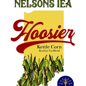 May include: A yellow and green illustration of the state of Indiana with corn stalks inside. The text "Hoosier Kettle Corn Rooibos Tea Blend" is above the illustration. The text "Nelson's Tea" is at the top of the image. The text "Net. Wt. 2 oz/(56.7g)" is at the bottom of the image. A blue circle with a white star and a yellow star in the center is in the lower right corner of the image.