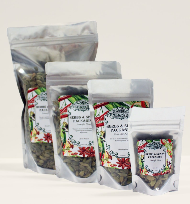 May include: Three silver resealable bags filled with green cardamom pods. The bags are labeled "Herbs & Spices Packaging" with the company name "The Nelsons Tea Co."