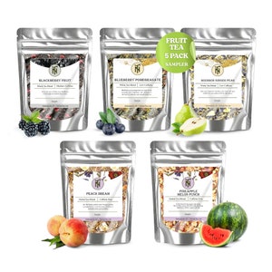 May include: Five silver pouches of fruit-flavored tea. The pouches are labeled with the tea flavors: Blackberry Fruit, Blueberry Pomegranate, Bourbon Ginger Pear, Peach Dream, and Pineapple Melon Punch. Each pouch has a sample of the tea inside.