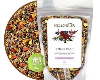 May include: A clear plastic bag filled with a blend of dried herbs and fruit pieces, labeled "NELSON'S TEA SPICED PEAR". The label also states "Herbal Tea Blend | Caffeine Free". The bag is sitting on a white background. The tea blend is a 2 oz herbal tea blend.