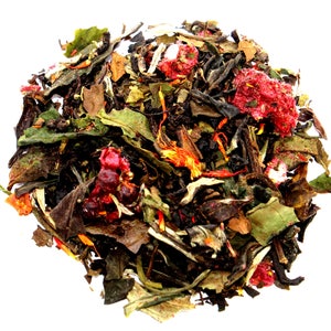 May include: A blend of white, green, and black tea leaves with dried fruit pieces, including raspberries and orange peel.