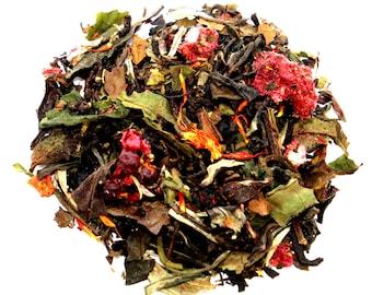 May include: A blend of white, green, and black tea leaves with dried fruit pieces, including raspberries and orange peel.
