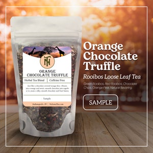 May include: A clear plastic bag filled with loose leaf tea. The tea is a blend of green, red, and brown tea leaves. The bag has a label that reads "Orange Chocolate Truffle Rooibos Loose Leaf Tea". The label also includes the text "Green Rooibos, Red Rooibos, Chocolate Chips, Orange Peel, Natural Flavoring."