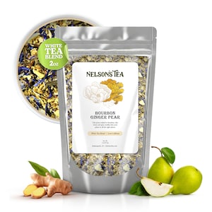 May include: A silver pouch of Bourbon Ginger Pear white tea blend from Nelson's Tea. The pouch is filled with loose leaf tea and has a label with a white flower and text that reads "Bourbon Ginger Pear" and "White Tea Blend - Low Caffeine". The pouch is sitting on a white surface with a pear, ginger root, and a small bowl of loose leaf tea.