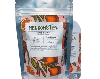 May include: A silver pouch with a zipper closure containing a tea blend called "Cran-Orange" from Nelson's Tea. The pouch features a pink and white background with illustrations of oranges and cranberries. The text on the pouch reads "TIPSY TONICS Infuse liquor with tea Cran-Orange fruity NET WT 2.9 oz/82.2 g This infusion is as delicious as it is colorful with aromas and tastes of orange and cranberry. This is a great infusion for a light and refreshing cocktail."