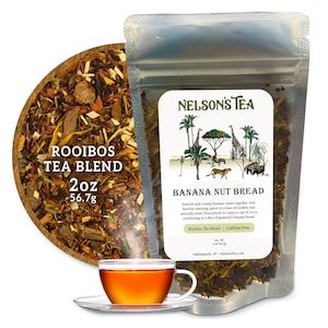 May include: A 2 ounce bag of Nelson's Tea Banana Nut Bread Rooibos Tea Blend. The bag is clear and shows the tea inside. The tea is a blend of brown, green, and yellow herbs. The bag has a white label with a drawing of a giraffe and a monkey in a jungle setting. The label also says "Rooibos Tea Blend | Caffeine Free".