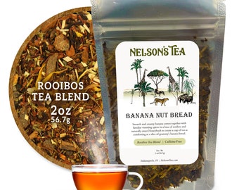 May include: A 2 ounce bag of Nelson's Tea Banana Nut Bread Rooibos Tea Blend. The bag is clear and shows the tea inside. The tea is a blend of brown, green, and yellow herbs. The bag has a white label with a drawing of a giraffe and a monkey in a jungle setting. The label also says "Rooibos Tea Blend | Caffeine Free".