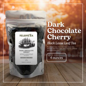 May include: A 4 ounce bag of Nelson's Tea Dark Chocolate Cherry black loose leaf tea. The tea blend includes pu-erh black tea, chocolate chips, cacao nibs, hibiscus, wild cherry bark, dried cherries, safflower, and natural flavoring.