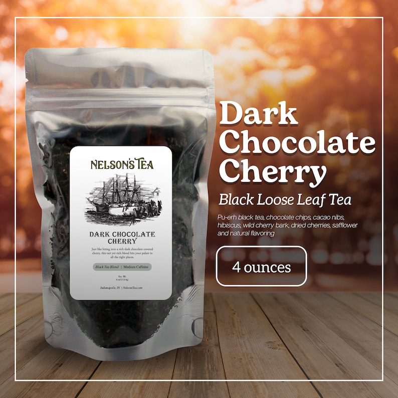 May include: A 4 ounce bag of Nelson's Tea Dark Chocolate Cherry black loose leaf tea. The tea blend includes pu-erh black tea, chocolate chips, cacao nibs, hibiscus, wild cherry bark, dried cherries, safflower, and natural flavoring.