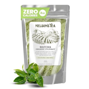 May include: A clear, resealable bag of green matcha powder with a label that reads "NELSON'S TEA MATCHA ORGANIC CULINARY." The bag also has a "ZERO CALORIES" label and a sprig of green tea leaves.