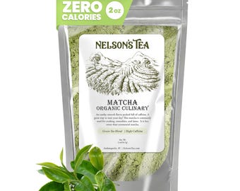 May include: A clear, resealable bag of green matcha powder with a label that reads "NELSON'S TEA MATCHA ORGANIC CULINARY." The bag also has a "ZERO CALORIES" label and a sprig of green tea leaves.