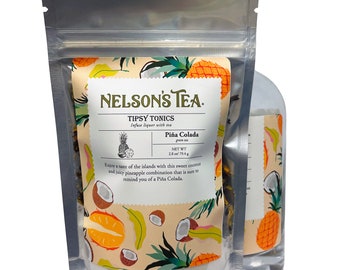 May include: A silver pouch with a white label that says "NELSON'S TEA. TIPSY TONICS Infuse liquor with tea Piña Colada green tea NET WT 2.8 oz / 79.4 g Enjoy a taste of the islands with this sweet coconut and juicy pineapple combination that is sure to remind you of a Piña Colada."