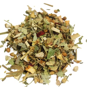 May include: A mix of dried herbs and flowers, including green leaves, orange peels, and red berries. The mix is scattered on a white background.