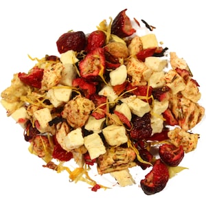 May include: A mix of dried fruit and flower petals for tea. The mix includes dried strawberries, apple pieces, and yellow flower petals.