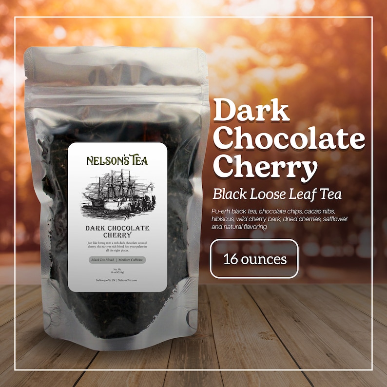 May include: A 16 ounce bag of Nelson's Tea Dark Chocolate Cherry black loose leaf tea. The tea blend includes pu-erh black tea, chocolate chips, cacao nibs, hibiscus, wild cherry bark, dried cherries, safflower, and natural flavoring.