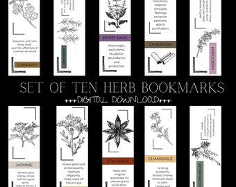 Set of 10 Herb Bookmarks, Digital Download, Printable