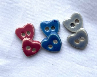 1/2" Ceramic Heart Buttons - Heart Buttons - Mini Heart Buttons - different colors available - sold as sets of two