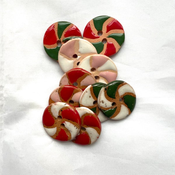 3/4" Candy Cane Buttons - set of two - Peppermint Button different color options - Ceramic Buttons - Round Buttons