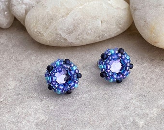 blue-violet crystal post earrings. small 'tanzanite' studs. beaded crystal earring. purple crystal post earring. sterling silver