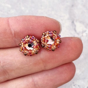 rose gold crystal post earrings. copper tone. small metallic blush studs. tiny peach earrings. beaded studs. sterling silver post earrings