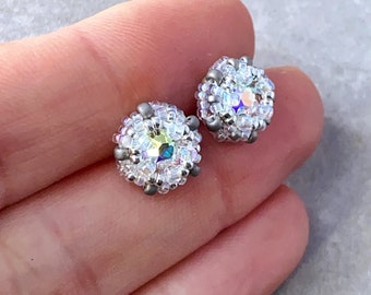 small clear rainbow crystal studs in silver. sterling silver earrings