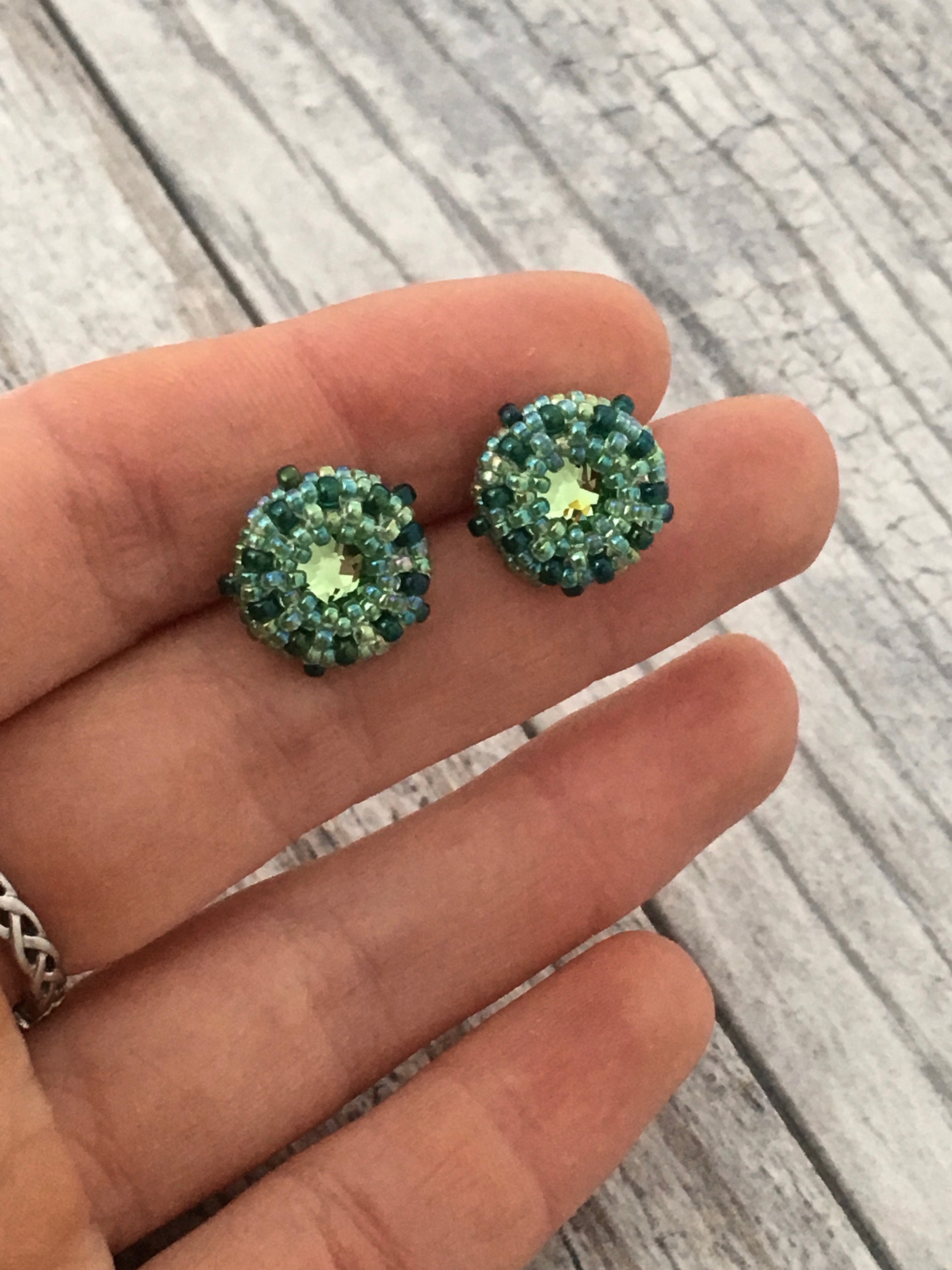 Green Crystal Stud Earrings. Bright Spring Green Posts. Beaded Etsy