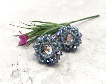 grey crystal stud earrings. dusty blue grey posts. beaded woven jewelry. gray studs. earrings with a crystal. gift for her