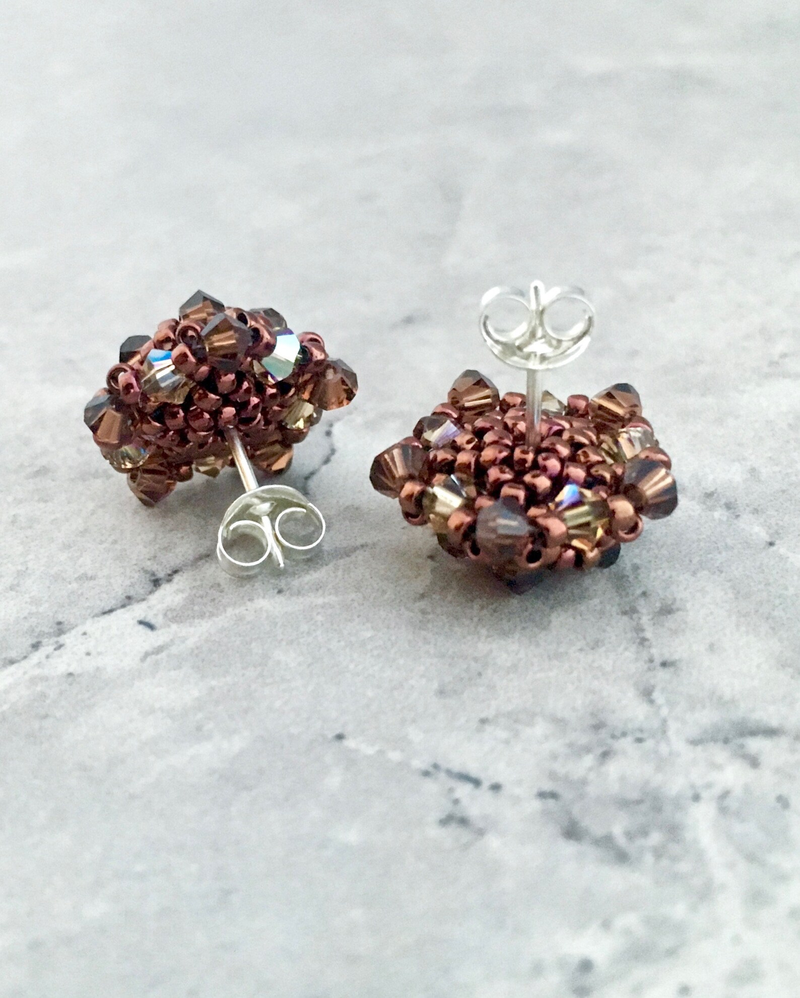 Brown Crystal Earrings. Dark Chocolate Beaded Studs. Coffee Etsy UK