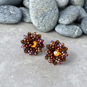 dark topaz crystal stud earrings. brown crystal earrings. beaded stud earrings. earrings for fall. sterling silver earrings image 1