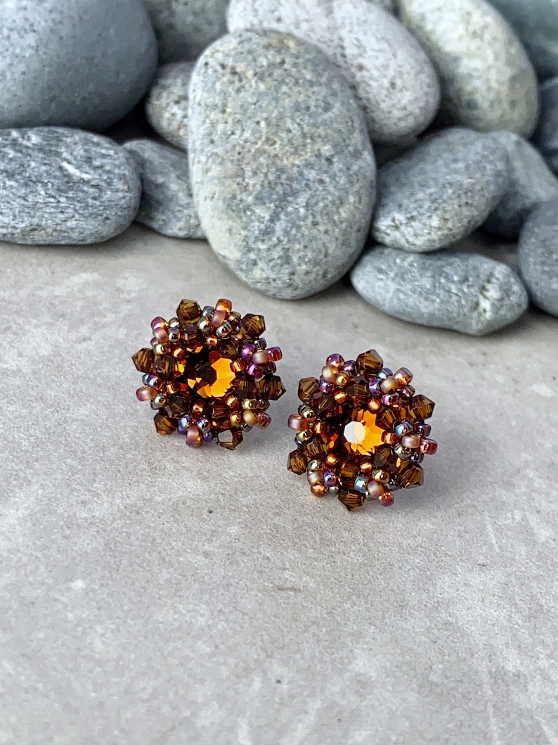 dark topaz crystal stud earrings. brown crystal earrings. beaded stud earrings. earrings for fall. sterling silver earrings image 1