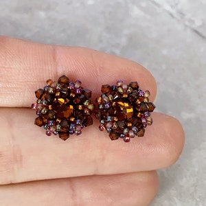 dark topaz crystal stud earrings. brown crystal earrings. beaded stud earrings. earrings for fall. sterling silver earrings image 2