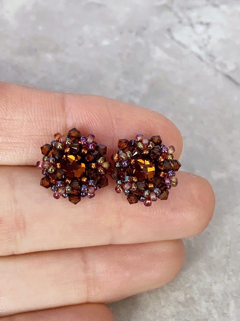 dark topaz crystal stud earrings. brown crystal earrings. beaded stud earrings. earrings for fall. sterling silver earrings image 2