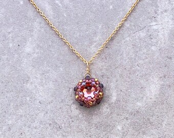 rose peach crystal necklace, delicate layering necklace, pink crystal, gold fill layering jewelry, beaded pink pendant necklace