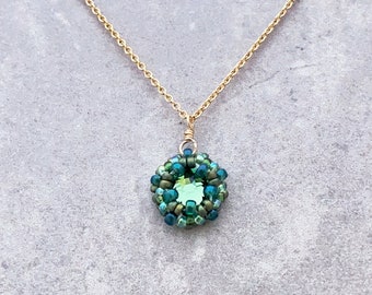 green crystal necklace, pendant, gold necklace, rainforest jewelry, dainty necklace, green layering necklace, gold fill